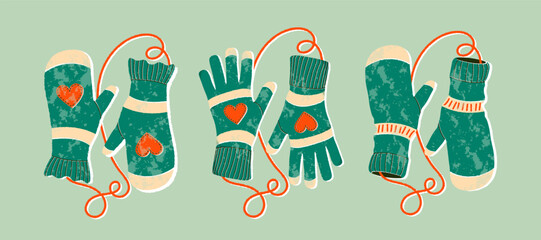 Mittens pairs flat cartoon textured illustrations set. Winter gloves and winter holiday concept. Hand drawn flat holiday symbol. Cute green mittens with hearts. Trendy illustration for print and web. - obrazy, fototapety, plakaty