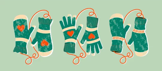 Poster Mittens pairs flat cartoon textured illustrations set. Winter gloves and winter holiday concept. Hand drawn flat holiday symbol. Cute green mittens with hearts. Trendy illustration for print and web. © Alina