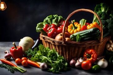 vegetables in a basket on a wooden table