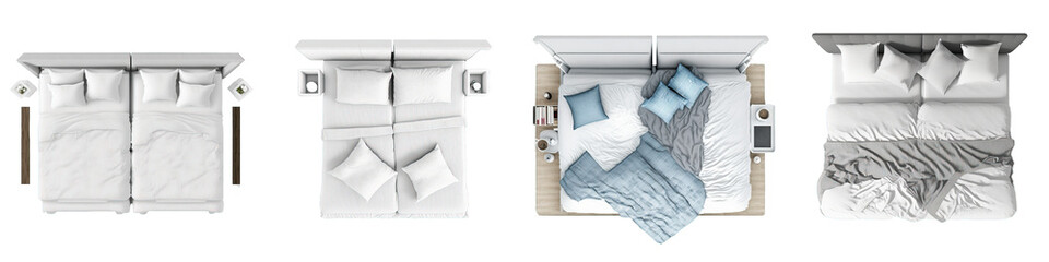 Double bed from top view with bedding on a transparent background, showcasing the complete set with pillows and sheets.