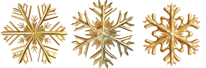 A shimmering golden snowflake collection with intricate patterns, elegantly displayed against a clear backdrop for versatile use.
