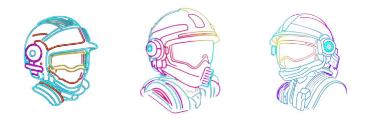 Neon-lit helmeted person icon glowing vibrantly with a clear backdrop.