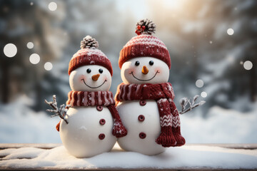 Two snowman standing in winter christmas landscape. Snow background	
