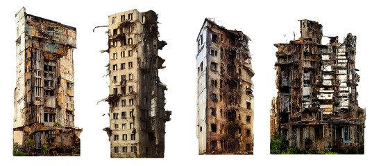 Realistic apocalyptic art of ruined skyscrapers set against a transparent background, capturing an eerie post-disaster atmosphere.