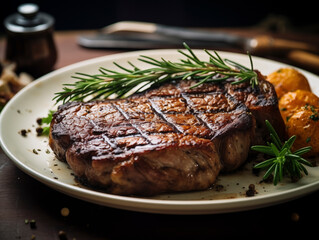 Rib eye steak on white plate 