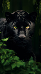 Black leopard surrounded by plants.