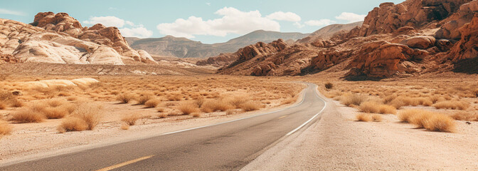 Long straight road through the desert with bushes growing on both sides of the road - obrazy, fototapety, plakaty