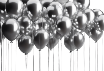 Set of round silver balloons in air on transparent background