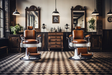 Barbershop with vintage barber chairs and classic decor. Stylish hairdressing salon interior. Generative AI - obrazy, fototapety, plakaty