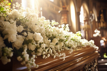Coffin decorated with many flowers in the church. Funeral ceremony. Generative AI - obrazy, fototapety, plakaty