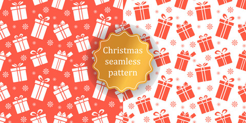 Christmas seamless pattern gift box and snowflakes on white and red background, vector illustration