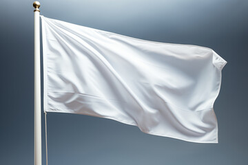 Empty white flag waving on clean blue sky. Generative AI - obrazy, fototapety, plakaty