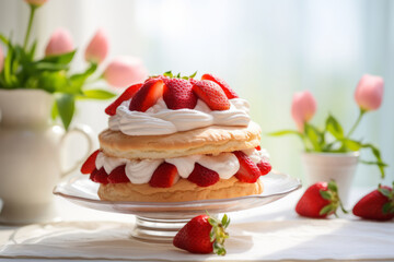 Strawberry shortcake with tulips to the side. A spring food concept on light sunny background....