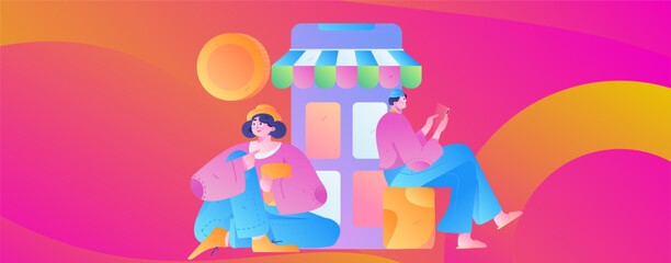 Festive Shopping E-Commerce Online Shopping People Flat Vector Concept Operation Hand Drawn Illustration
