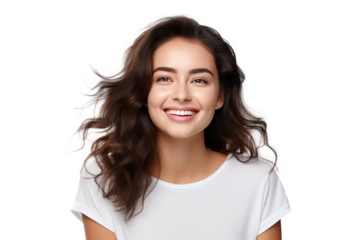 Studio portrait of a beautiful young woman with an attractive smile, isolated on transparent png background.