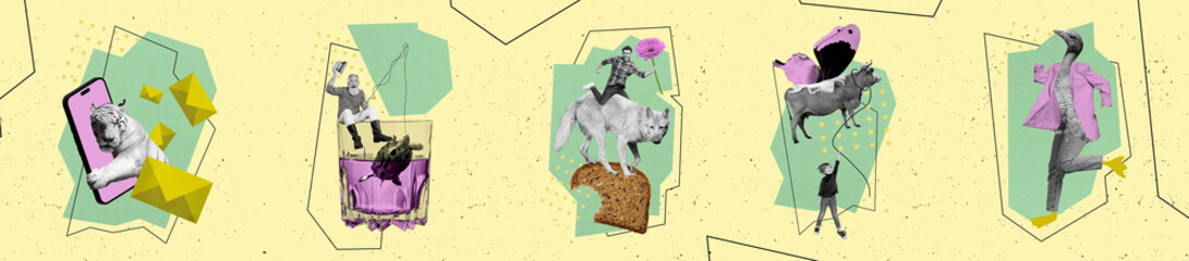 Creative abstract template graphics collage image of tiger texting device kid flying cow balloon guy riding wolf isolated yellow color background - obrazy, fototapety, plakaty