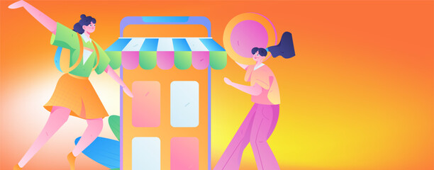 Festive Shopping E-Commerce Online Shopping People Flat Vector Concept Operation Hand Drawn Illustration
