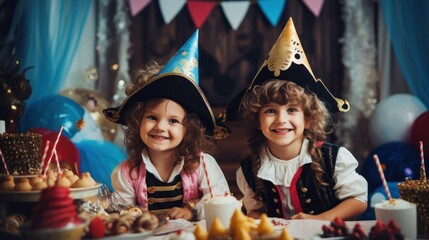 Two little girls wearing pirate hats sitting at a table