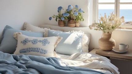 A bed with blue and white pillows and a vase of flowers