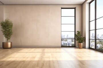 Fototapeta na wymiar Modern interior design of apartment, empty living room with beige wall, panorama. generative ai.