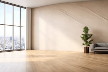 Modern interior design of apartment, empty living room with beige wall, panorama. generative ai.