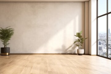 Modern interior design of apartment, empty living room with beige wall, panorama. generative ai.