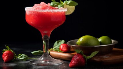 strawberry cocktail on the table and on a black background