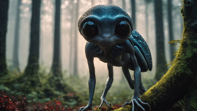 a realiste grey alien , big eyes blacks , mushrooms in trees, , nigth , forest rain, hyperrealist , detailed, digital photo 4k --s 50
