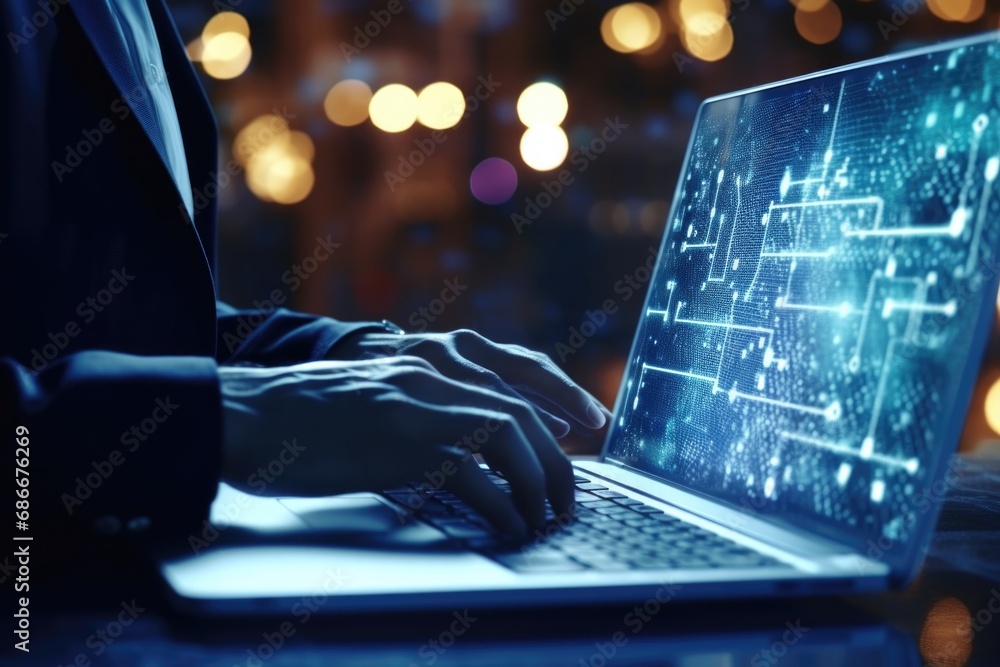 Poster a professional man in a suit typing on a laptop. this image can be used to depict concepts such as b