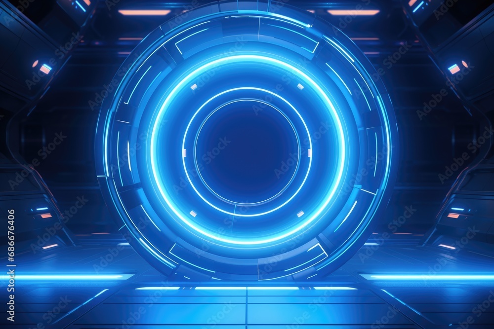 Poster a visually striking image of a futuristic tunnel illuminated by blue lights. perfect for sci-fi them