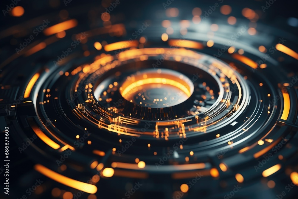 Poster a detailed view of a circular object with brightly lit lights.