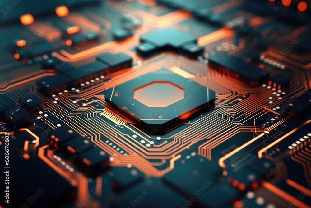 Poster a close up view of a computer chip on a circuit board. this image can be used to illustrate technolo