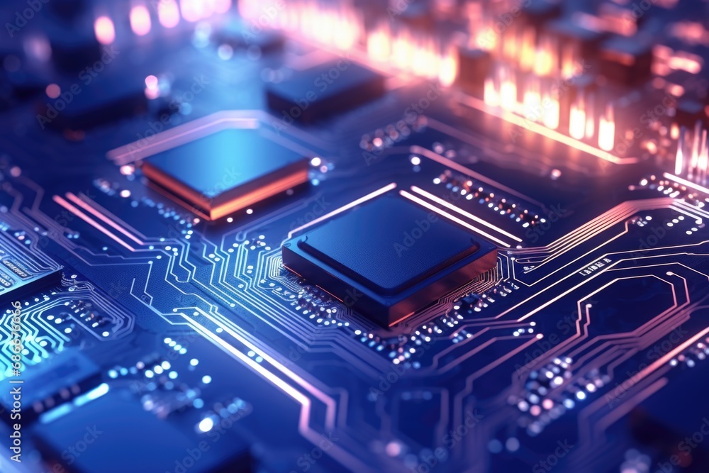 Poster a detailed close-up view of a computer motherboard. this image can be used to illustrate technology,
