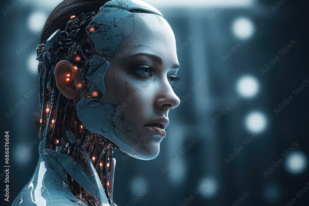 Poster a close-up image of a person with a robot head. this unique and futuristic picture can be used in va