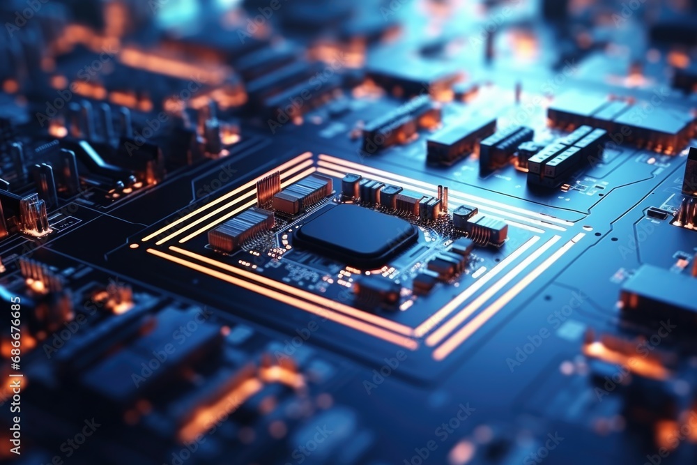 Poster a detailed close-up view of a computer motherboard, showcasing the intricate circuitry and component