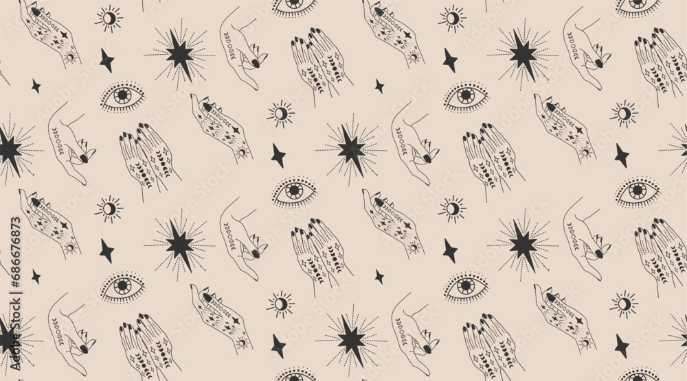 Wall mural seamless pattern with hands. the woman casts a spell. magic hands. palm tattoos. on a gray backgroun