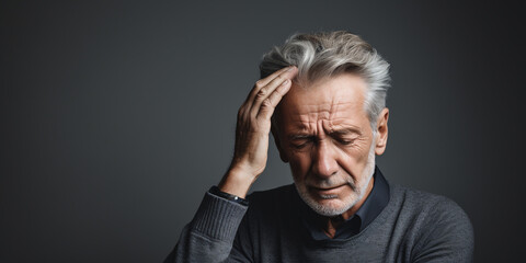 sick elderly man holding his head with his hand, headache. Gray background. ai generative - Powered by Adobe