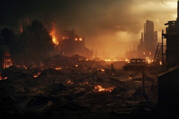 A powerful image capturing a city consumed by raging fire.  - obrazy, fototapety, plakaty