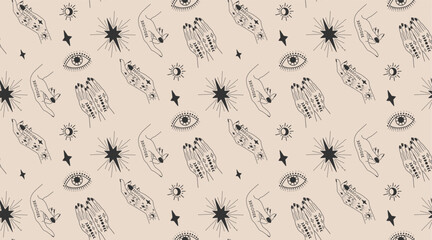 Seamless pattern with hands. The woman casts a spell. Magic hands. Palm tattoos. On a gray background. Linear illustration. Textile pattern - obrazy, fototapety, plakaty