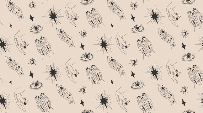 Seamless pattern with hands. The woman casts a spell. Magic hands. Palm tattoos. On a gray background. Linear illustration. Textile pattern