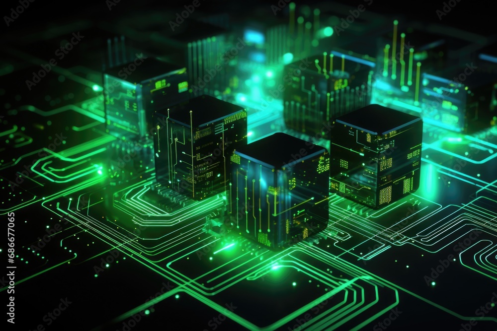 Poster a computer circuit board with a backdrop of illuminated buildings. this image can be used to depict 