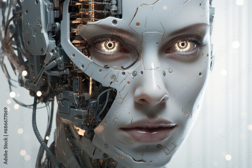 Poster a close-up image of a person with a robot face. this image can be used to depict futuristic technolo