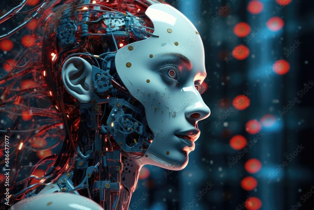 Poster a close-up image of a person with a robot head. this image can be used to represent technology, futu