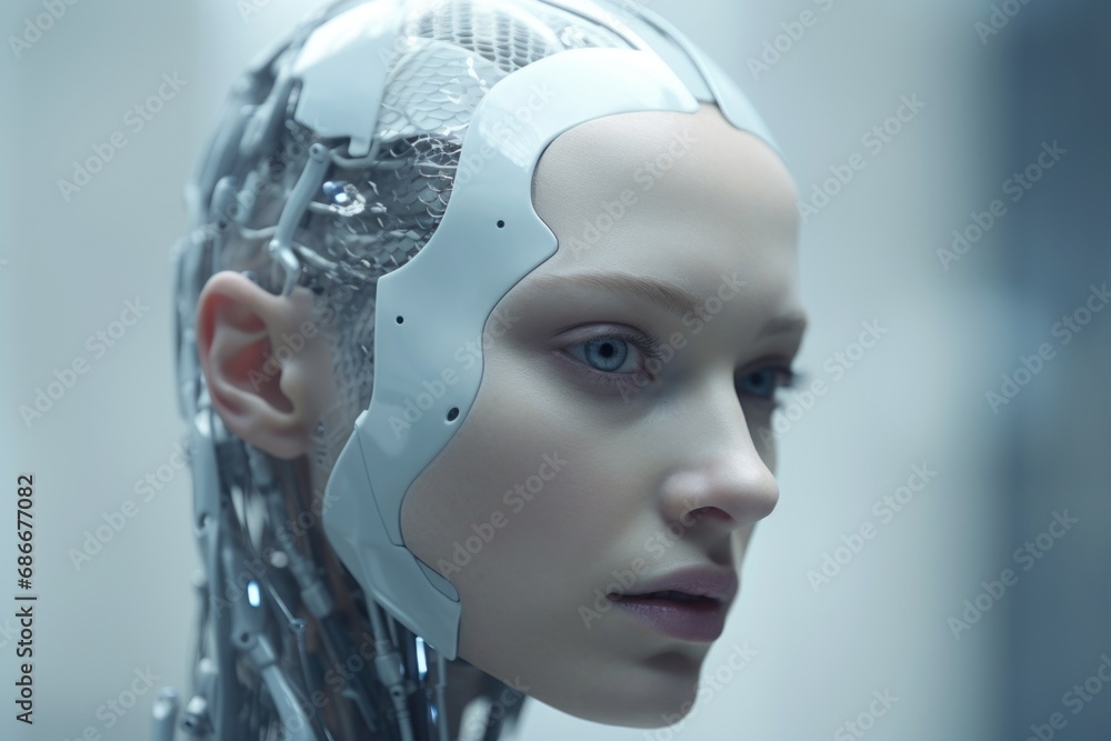Aufkleber a close-up image of a person with a robot head.