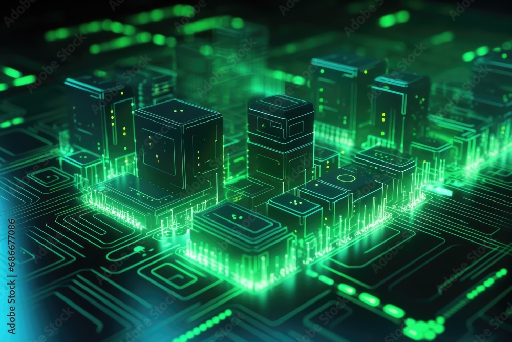 Poster a computer circuit board with glowing buildings in the background. perfect for technology-related pr