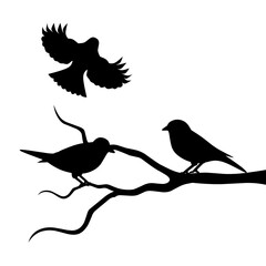 Vector silhouette of spring bird sitting on dry tree branch. Art Decorations, Wall Hangings, Decorative tree branches with birds.
