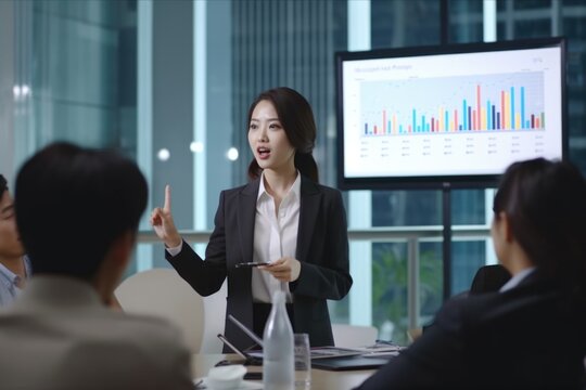 A woman is seen giving a presentation to a group of people. This image can be used to illustrate business meetings, educational seminars, or corporate training sessions.