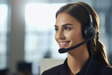 A woman wearing a headset in a call center. This image can be used to depict a customer service representative or telemarketer in a professional environment.
