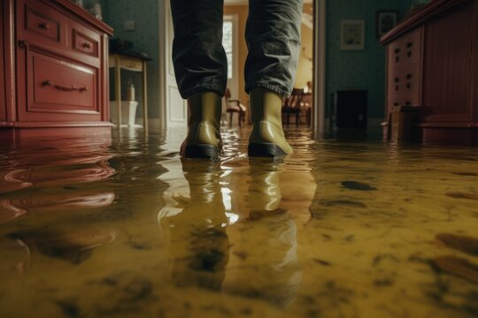 A person wearing rain boots stands in a flooded kitchen. This image can be used to depict the aftermath of a flood or a leaky pipe in a home.