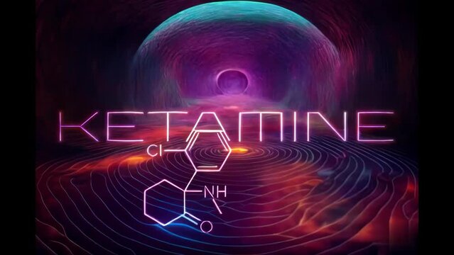 Ketamine. Dissociative ketamine. Chemical formula, molecular structure. Generative ai animation